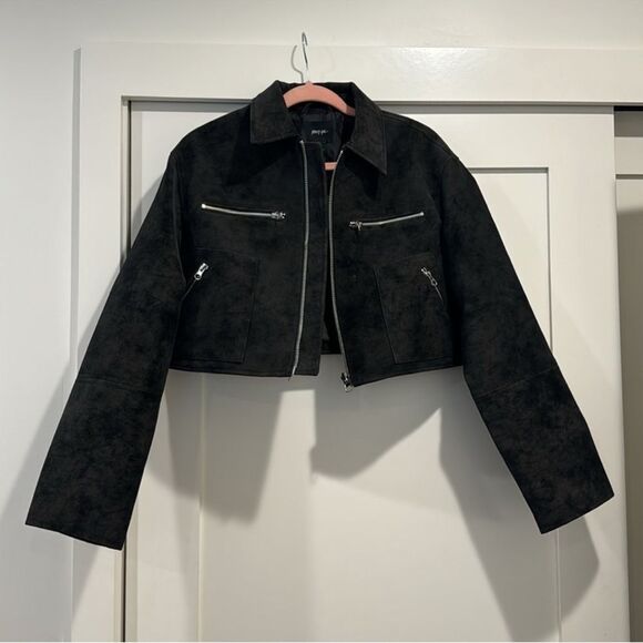 Cropped Faux Leather Distressed Trucker Jacket - Picture 5 of 7